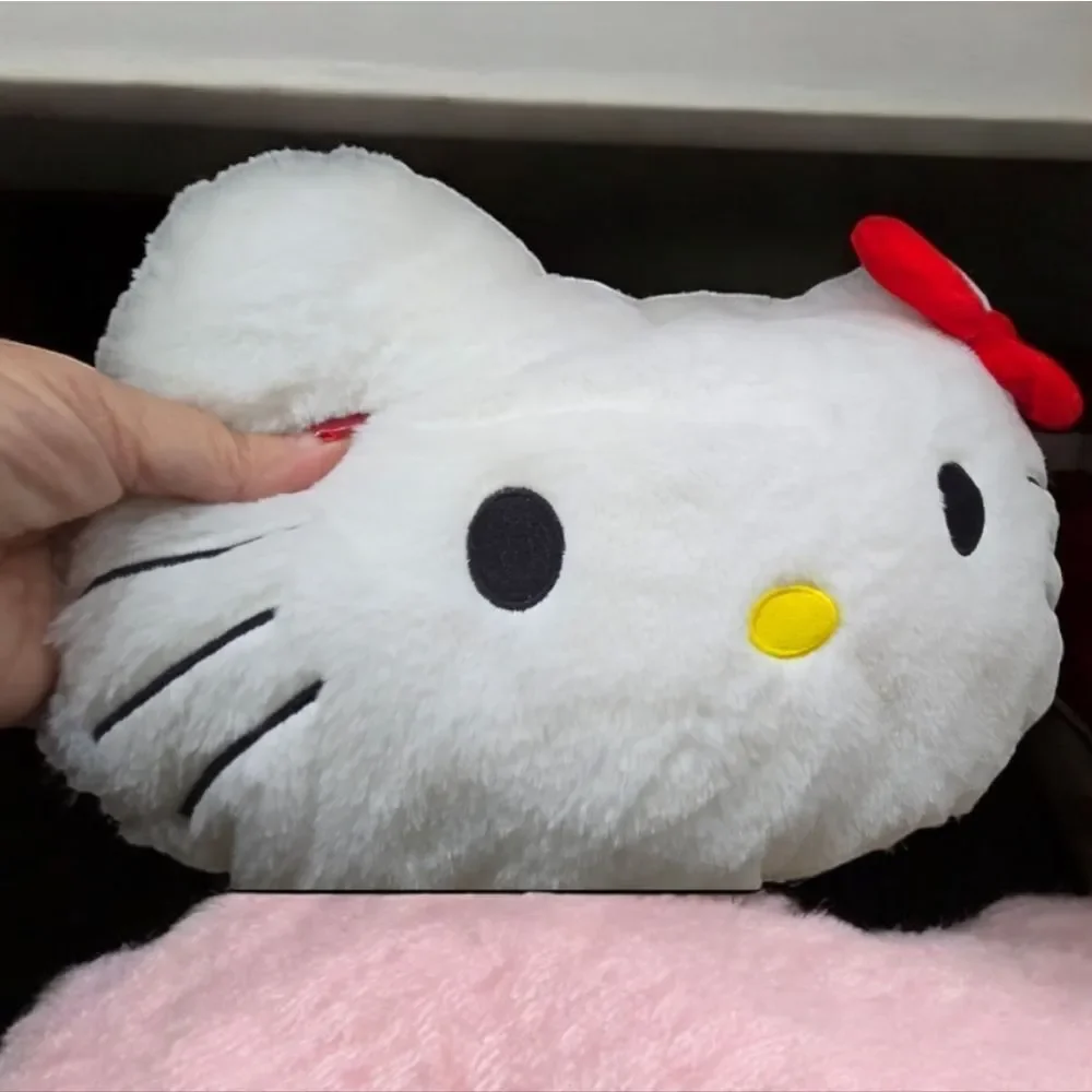 Hello Kitty Plush Faux Fur Throw Pillow White Cat Face Red Bow 13